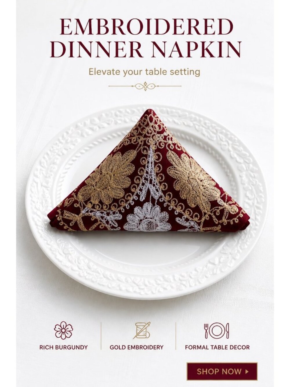 Elegant Vintage Burgundy & Gold Aghabani Embroidered Napkin Set For Formal Dinin